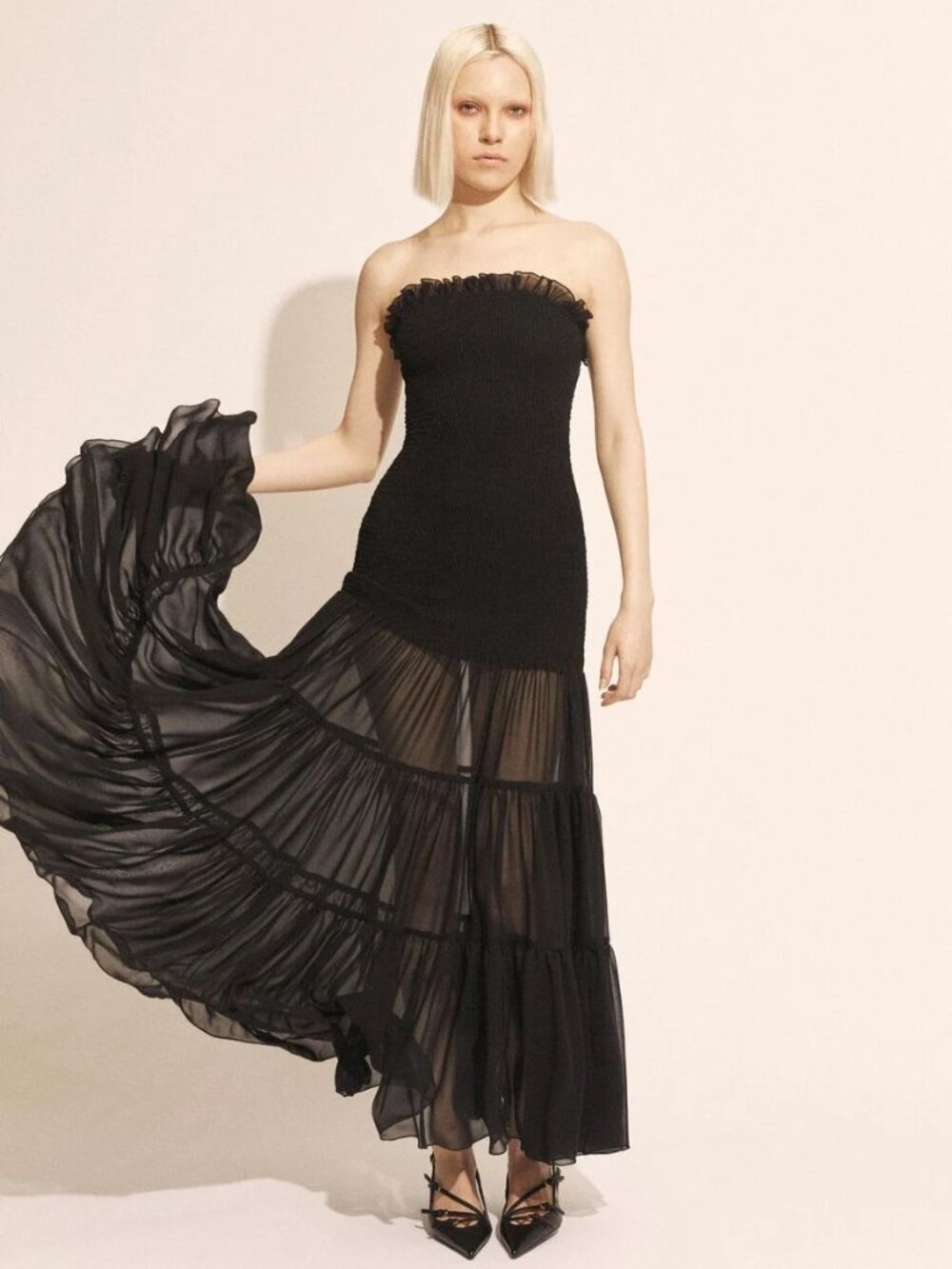 Bardot Azura Strapless Maxi Dress in Black Smocked Tiered
